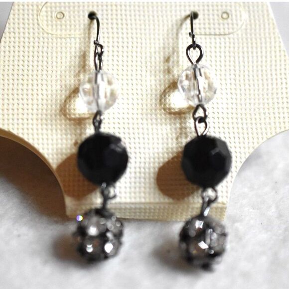 Sophia & Kate New Black/Silver Tone Rhinestone Accent Dangle Hook Earrings - Picture 2 of 2